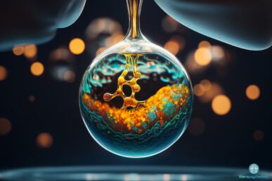 Molécule en formation dans une fiole de laboratoire, symbolisant la production biosynthétique des substances psychédéliques.