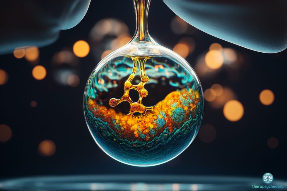Molécule en formation dans une fiole de laboratoire, symbolisant la production biosynthétique des substances psychédéliques.