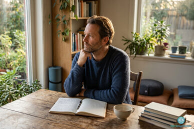 Homme assis à une table en bois près d'une fenêtre, regard pensif tourné vers l'extérieur. Un carnet de notes ouvert et un stylo reposent sur la table. Lumière naturelle, plantes vertes en arrière-plan. Scène évoquant la réflexion et l'intégration d'une expérience personnelle.