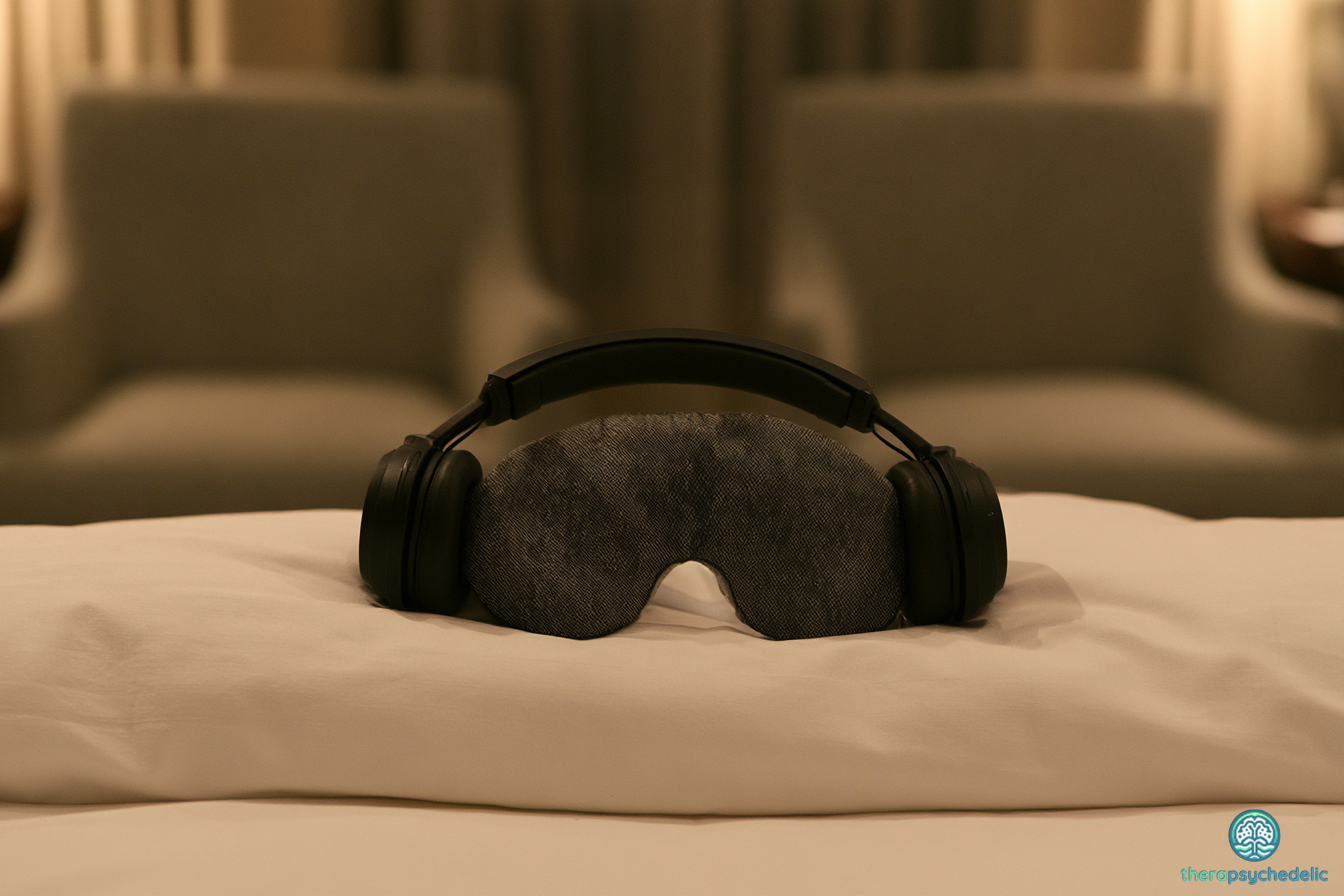 Casque audio et masque oculaire posés sur un lit, entourés de deux fauteuils vides, symbole de la musique de séance après un traitement à la psilocybine.