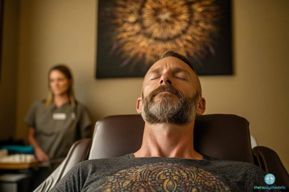 Un homme allongé dans un fauteuil, les yeux fermés, semblant profondément détendu lors d'une séance de thérapie assistée par les psychédéliques. Une professionnelle de santé est en arrière-plan, et un tableau psychédélique orne le mur.