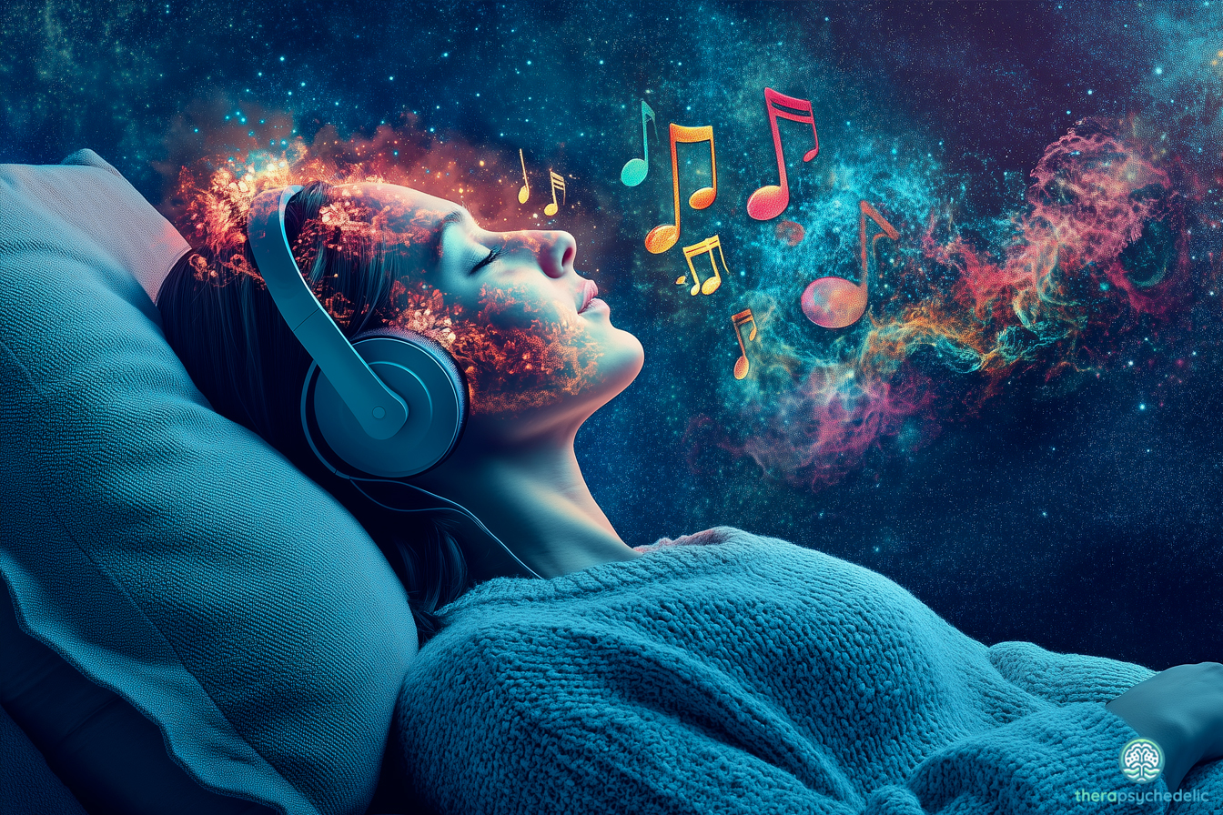 Une jeune femme écoutant de la musique avec un casque, les yeux fermés, alors que des notes de musique colorées et des nébuleuses cosmiques émanent de son esprit, illustrant l'expérience psychédélique.