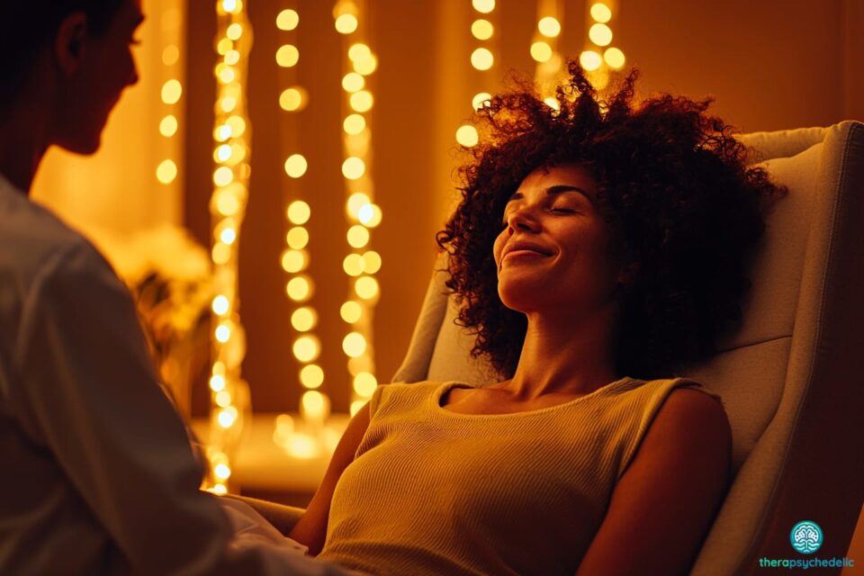 Une personne au visage calme et souriant, assise dans un fauteuil confortable face à un soignant lors d'une séance de soin psychédélique illustrant le lâcher-prise dans un cadre thérapeutique.