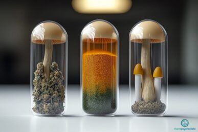 Un gros plan de trois capsules transparentes de tailles distinctes (petite, moyenne et grande), la plus petite remplie de minuscules champignons psilocybine séchés, le milieu contenant un liquide orange vif représentant une substance psychédélique, et la plus grande remplie d'un mélange de psilocybine en poudre colorée