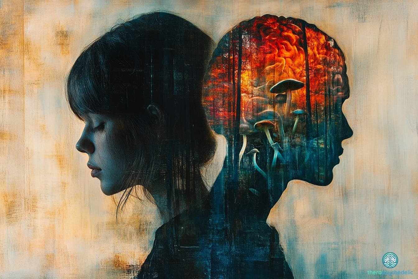 Illustration conceptuelle représentant le profil d'une femme, les yeux fermés, face à une silhouette où des champignons psychédéliques émergent du cerveau, évoquant les effets introspectifs et les changements de perception induits par les psychédéliques.