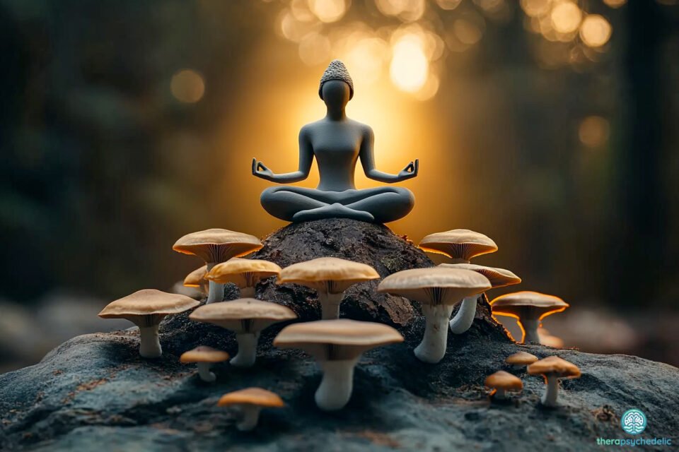 Silhouette d'une personne en position de méditation assise en tailleur sur un rocher entouré de champignons dorés, avec un arrière-plan lumineux aux tons chauds et bokeh, symbolisant l'harmonie entre pratiques contemplatives et thérapies psychédéliques naturelles.