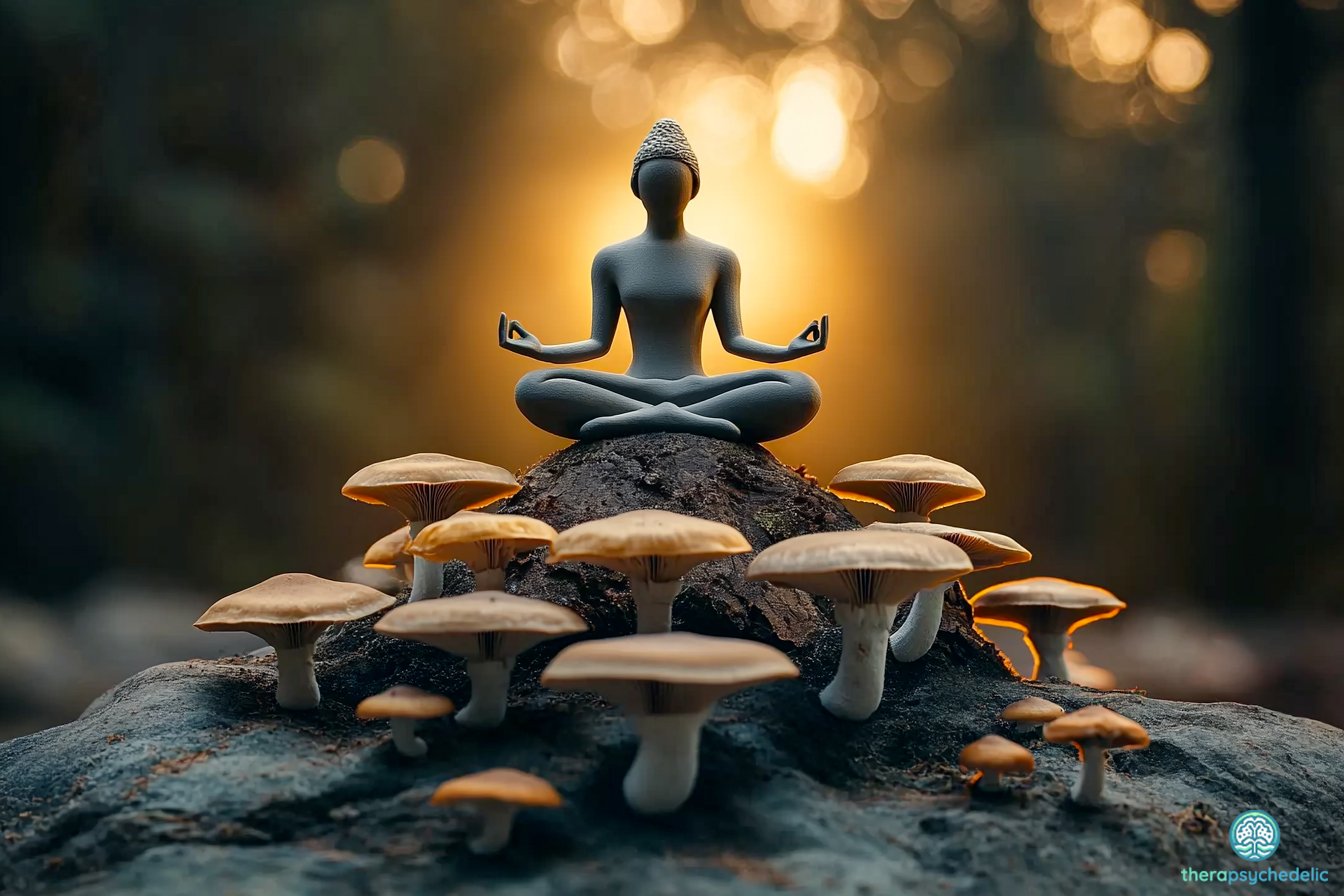 Silhouette d'une personne en position de méditation assise en tailleur sur un rocher entouré de champignons dorés, avec un arrière-plan lumineux aux tons chauds et bokeh, symbolisant l'harmonie entre pratiques contemplatives et thérapies psychédéliques naturelles.