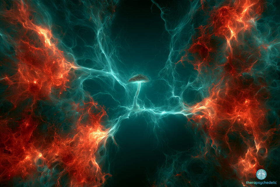 Des psychédéliques qui réduisent l'inflammation : un champignon lumineux relié par des filaments bleu-vert à des réseaux rouge-orangé enflammés