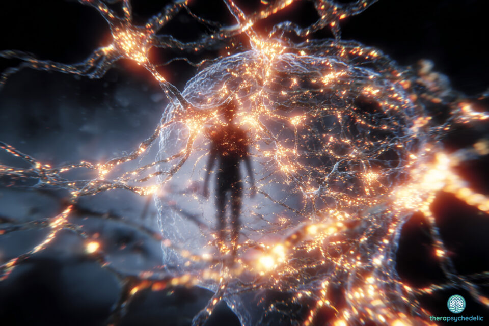 Silhouette humaine immergée dans un réseau neuronal lumineux aux connexions dorées, illustrant l'activité cérébrale lors d'une rencontre avec des entités sous psychédéliques