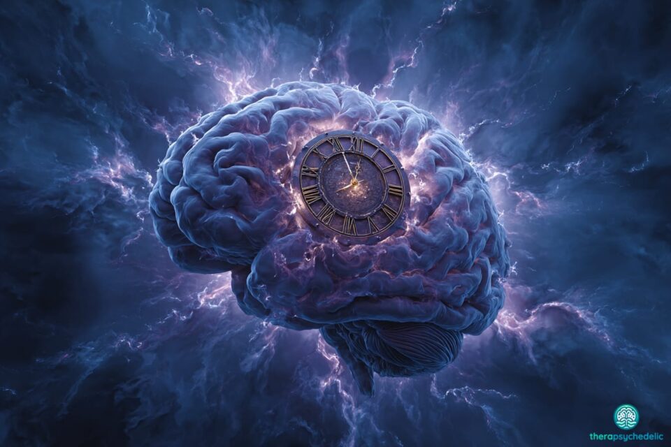 Illustration d'un cerveau humain flottant dans une nébuleuse cosmique avec une horloge ancienne au centre, symbolisant la distorsion de la perception temporelle.