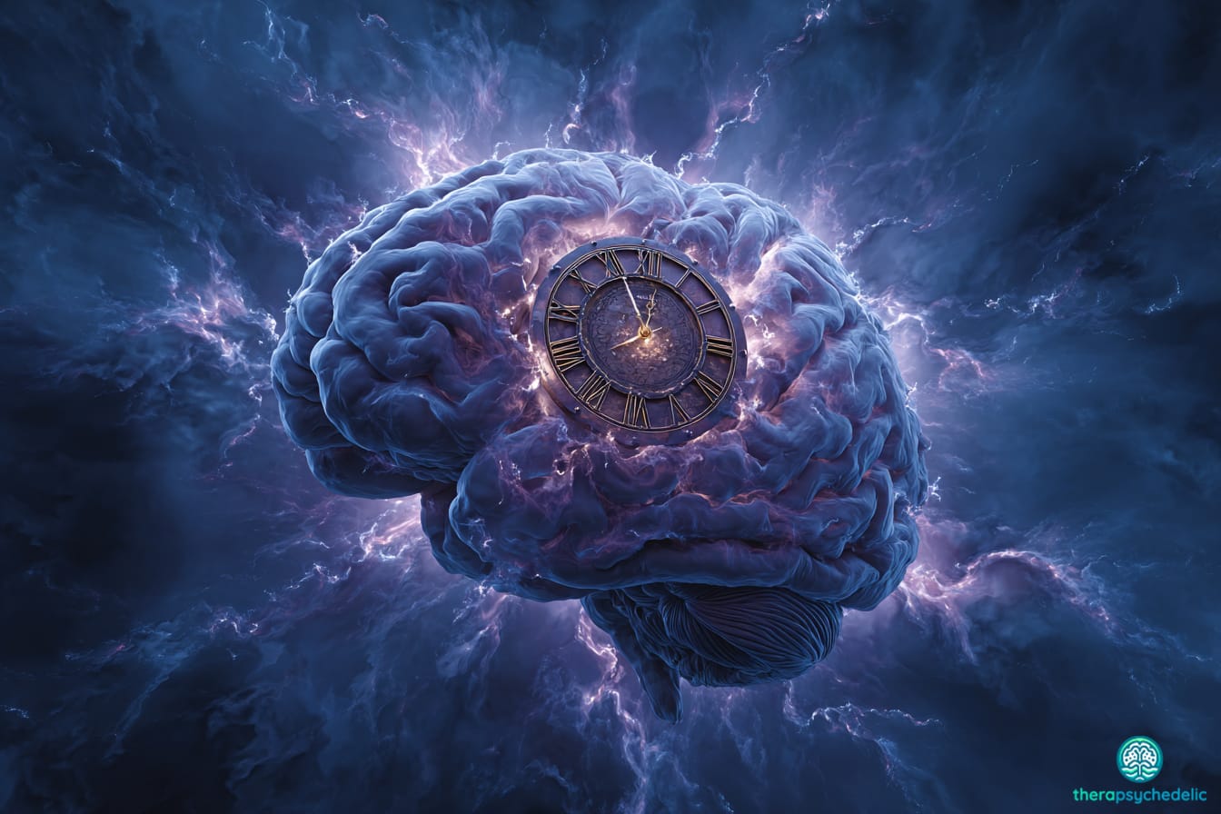 Illustration d'un cerveau humain flottant dans une nébuleuse cosmique avec une horloge ancienne au centre, symbolisant la distorsion de la perception temporelle.