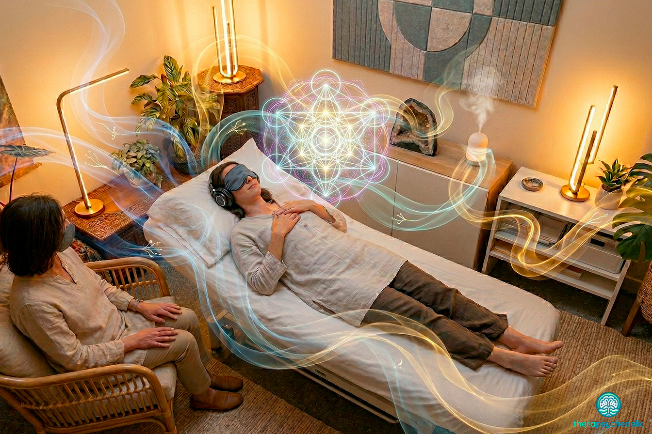 Séance de thérapie psychédélique en milieu clinique chaleureux. Une patiente allongée, portant un masque oculaire et un casque audio, est accompagnée par une thérapeute assise à ses côtés. De l'esprit de la patiente s'élèvent des rubans de lumière cyan et or formant un mandala géométrique complexe, symbolisant la restructuration cognitive et la guérison intérieure.