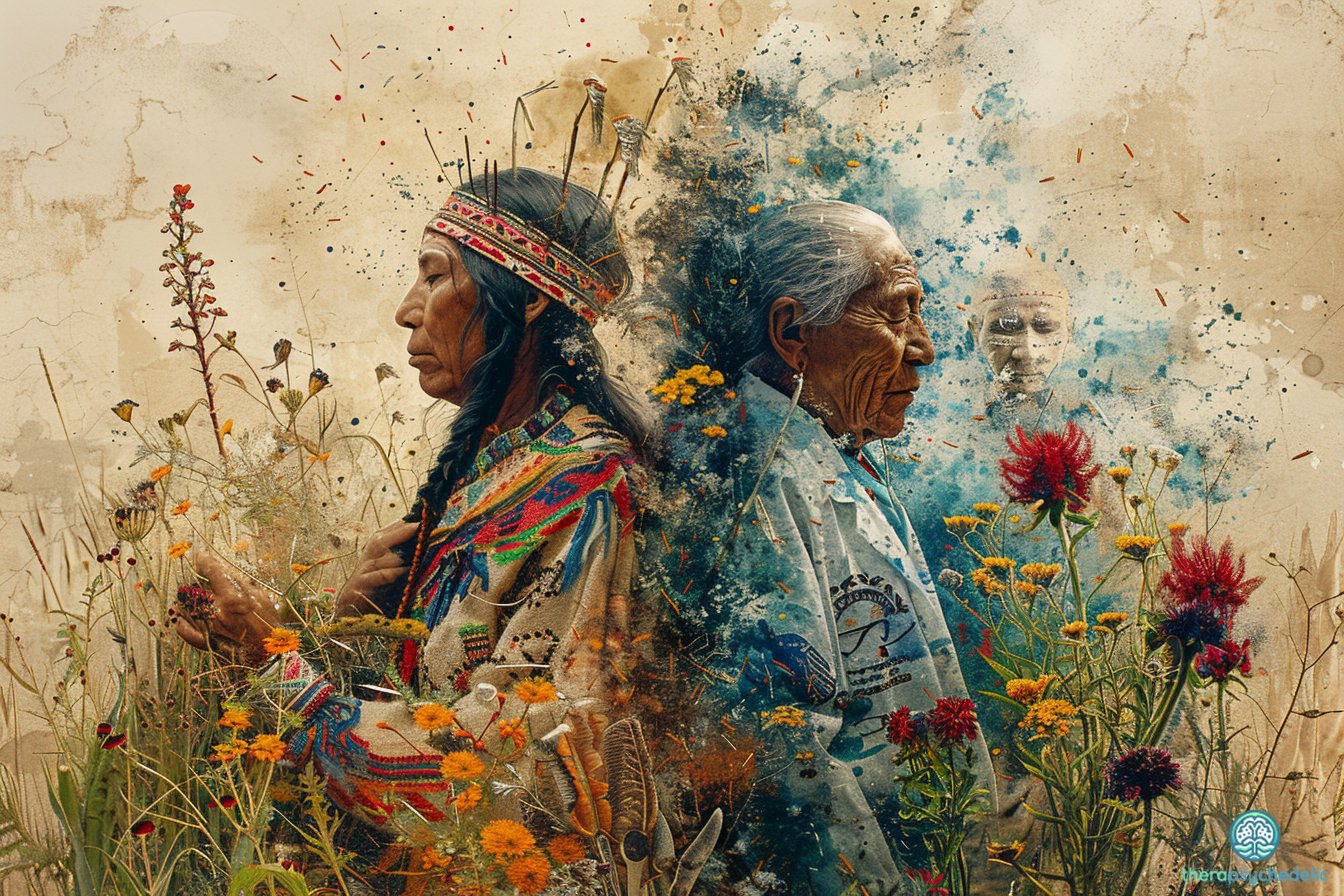 Deux figures autochtones entourées de plantes médicinales, symbolisant la transmission intergénérationnelle des savoirs spirituels et thérapeutiques liés aux psychédéliques.