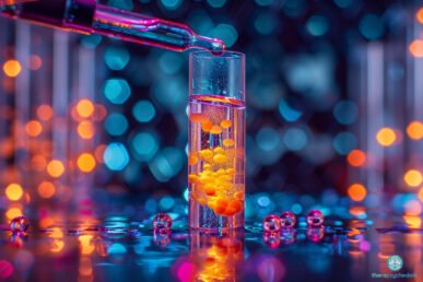 Pipette déposant une goutte colorée dans un tube contenant un liquide vibrant et des bulles orange, symbolisant les différences de dosage en contexte psychédélique (microdose vs macrodose).