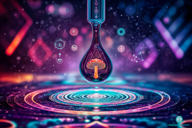Illustration numérique d'une goutte de liquide contenant un petit champignon rouge, flottant au-dessus d'ondes lumineuses dans un décor psychédélique néon aux motifs neuronaux.