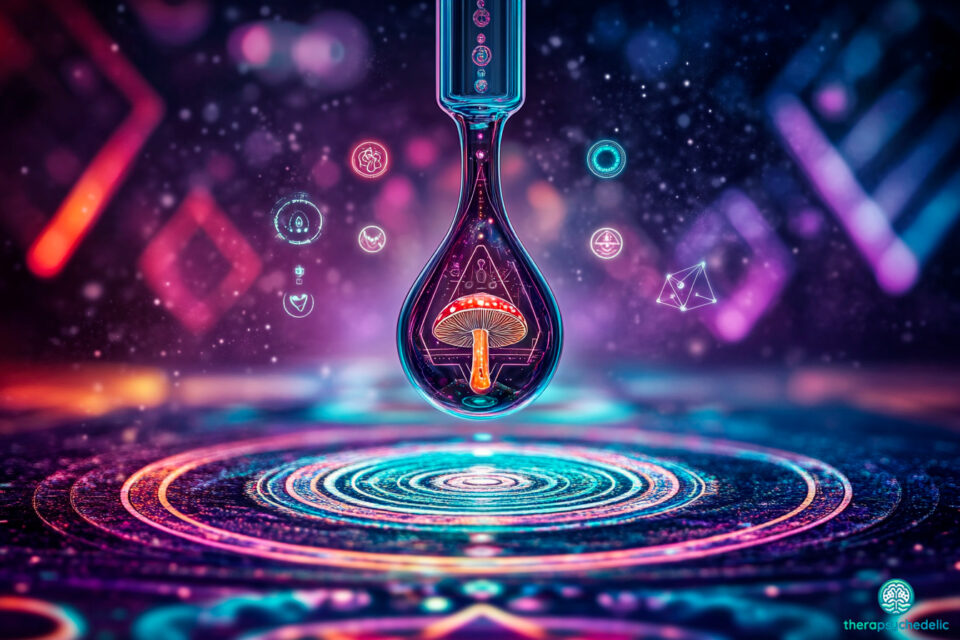 Illustration numérique d'une goutte de liquide contenant un petit champignon rouge, flottant au-dessus d'ondes lumineuses dans un décor psychédélique néon aux motifs neuronaux.