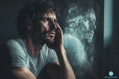Homme d'âge moyen tenant sa tête dans sa main gauche, expression de souffrance psychologique, avec un reflet flou et éthéré dans un miroir symbolisant les troubles de la perception dans la schizophrénie