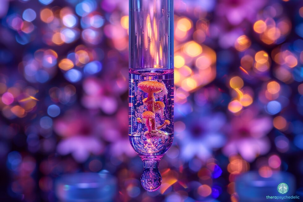 Photographie conceptuelle en gros plan d'une pipette avec une seule goutte suspendue à l'extrémité. À l’intérieur de la goutte, un champignon Psilocybe Cubensis détaillé est visible ainsi que d’autres petits symboles psychédéliques.