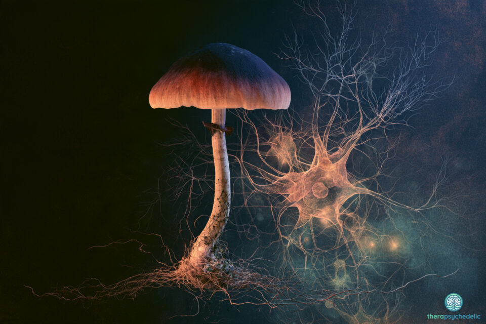 Champignon à psilocybine relié à un neurone, symbole de la protection des nerfs face à la chimiothérapie