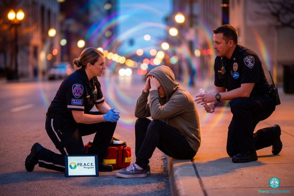 Une ambulancière et un policier, portant des uniformes avec des écussons indiquant "OHIO EMERGENCY SERVICES" et "P.E.A.C.E. TRAINED", sont accroupis la nuit dans une rue urbaine. Ils parlent calmement et offrent de l'eau à une personne en détresse assise sur le trottoir, la tête dans les mains. Au-dessus de la personne, des cercles de lumière colorée et floue évoquent une expérience psychédélique. Une tablette au sol affiche le logo "P.E.A.C.E. Program". La scène illustre une approche compassionnelle de réduction des risques lors d'une crise psychédélique.