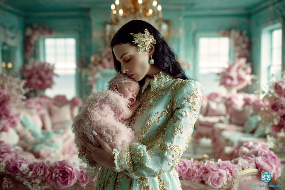 Portrait d'une mère tenant son enfant dans un décor onirique et fleuri, illustrant le lien parental et la guérison du système familial par la thérapie psychédélique.