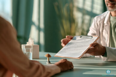 Consentement éclairé : un soignant tend un formulaire à un patient, avec un petit champignon posé sur la table entre eux