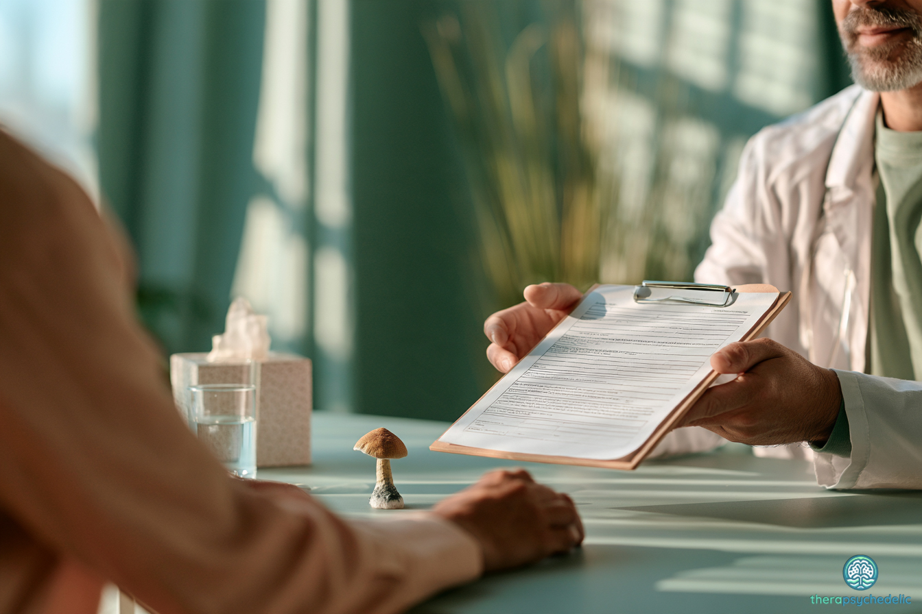 Consentement éclairé : un soignant tend un formulaire à un patient, avec un petit champignon posé sur la table entre eux