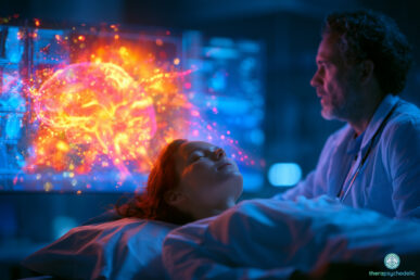 Patiente allongée les yeux fermés pendant une séance de thérapie à la psilocybine, accompagnée par un médecin, avec une représentation lumineuse de l'activité cérébrale en arrière-plan