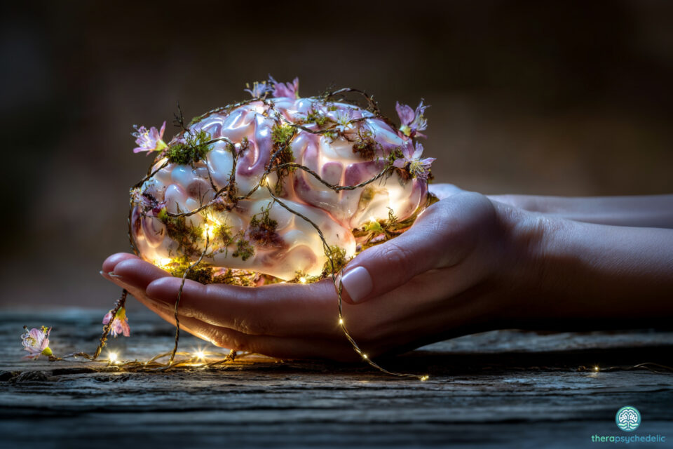 Deux mains tenant délicatement un cerveau lumineux orné de mousse, de fleurs roses et de guirlande lumineuse, évoquant le soin apporté au cerveau avant un traitement psychédélique.