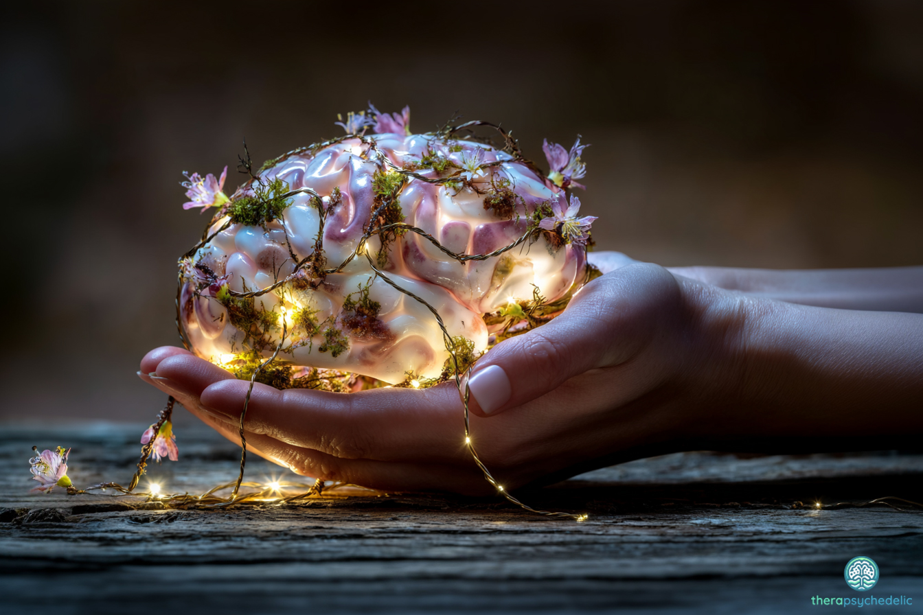 Deux mains tenant délicatement un cerveau lumineux orné de mousse, de fleurs roses et de guirlande lumineuse, évoquant le soin apporté au cerveau avant un traitement psychédélique.