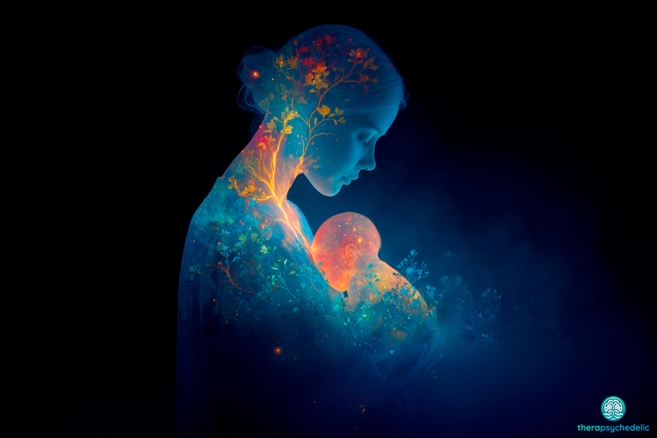 Représentation visuelle de la dyade mère-enfant et de la neuroplasticité. Illustration symbolisant la reconnexion émotionnelle et le traitement de la dépression post-partum par les thérapies assistées, montrant une fusion lumineuse entre une mère et son nouveau-né.