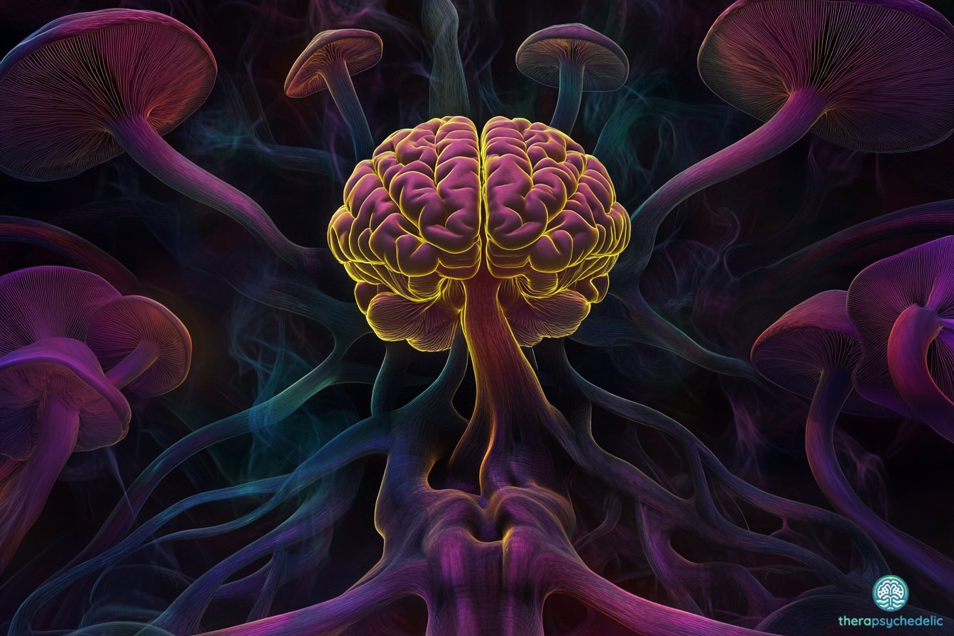 Illustration psychédélique d'un cerveau humain connecté à des champignons lumineux, représentant les effets de la psilocybine sur la connectivité cérébrale.