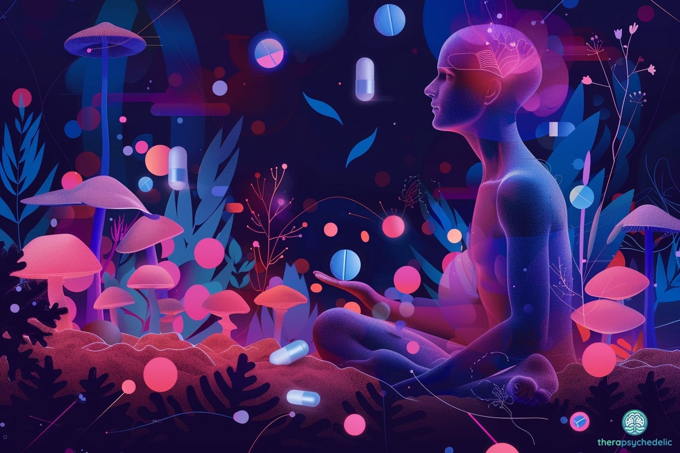 Illustration artistique représentant l'interaction entre les psychédéliques et la santé mentale, avec des éléments visuels de champignons, de capsules et d'une silhouette humaine symbolisant la connexion cerveau-esprit