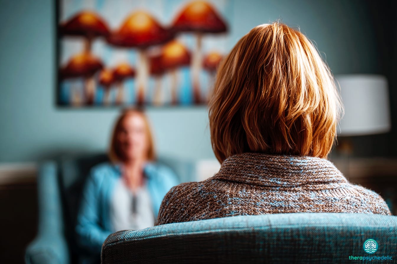 Une patiente de dos lors d'une séance de psychothérapie assistée, avec en arrière-plan une œuvre murale représentant des champignons, illustrant le cadre sécurisé du soin psychédélique.