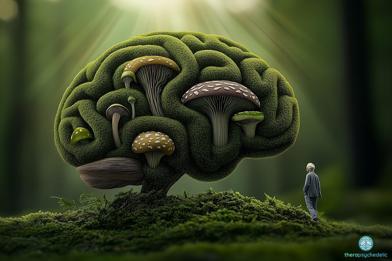 Gros plan moyen d'un cerveau humain lumineux entrelacé de motifs de champignons psychédéliques, évoquant l'interconnexion des voies neuronales, situé dans une forêt mystique traversée de faisceaux lumineux, une personne âgée marchant à proximité pour évoquer le vieillissement.