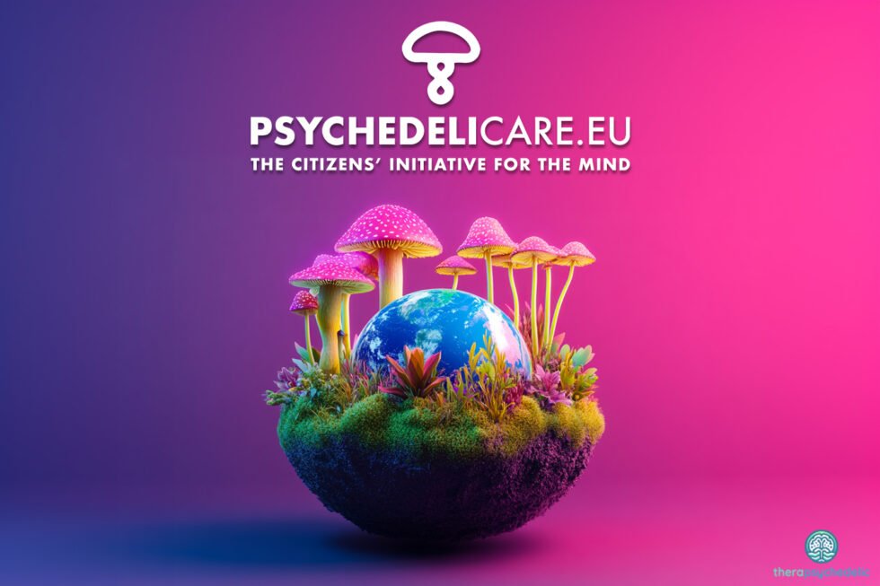 Visuel coloré représentant un globe terrestre entouré de champignons psychédéliques stylisés, sur fond dégradé violet et rose, avec le slogan "The Citizens’ Initiative for the Mind" et l'adresse psychedelicare.eu