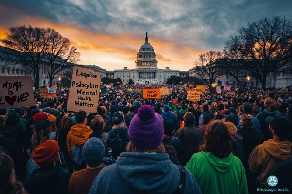 Une foule nombreuse manifestant devant le Capitole américain au crépuscule, brandissant des pancartes en faveur de la légalisation des psychédéliques. Les slogans sur les affiches appellent à la reconnaissance des bienfaits de la psilocybine et de la MDMA pour la santé mentale. L’ambiance est militante et engagée, avec un ciel dramatique en arrière-plan accentuant l’intensité de la scène.