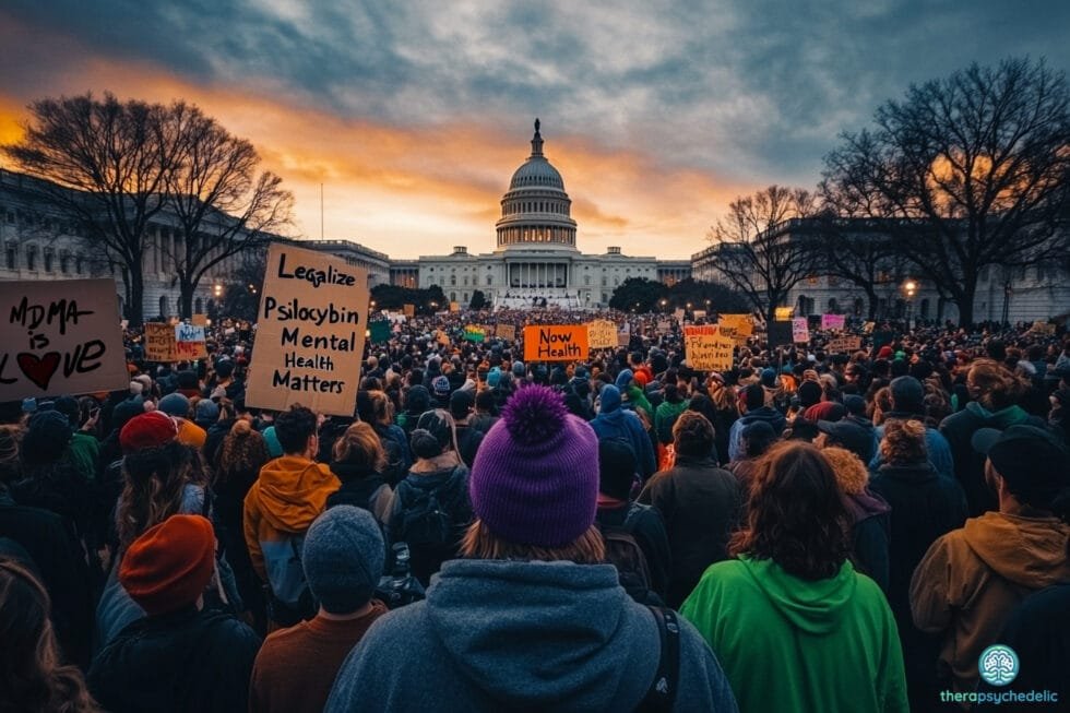 Une foule nombreuse manifestant devant le Capitole américain au crépuscule, brandissant des pancartes en faveur de la légalisation des psychédéliques. Les slogans sur les affiches appellent à la reconnaissance des bienfaits de la psilocybine et de la MDMA pour la santé mentale. L’ambiance est militante et engagée, avec un ciel dramatique en arrière-plan accentuant l’intensité de la scène.