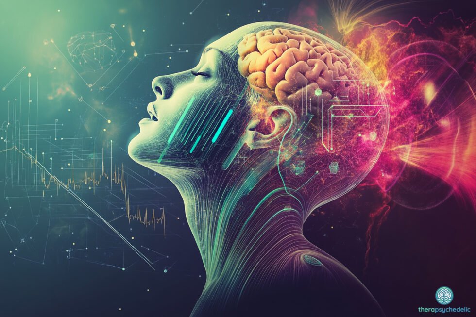 Illustration artistique d’un cerveau en activité sous psychédélique, avec une figure féminine de profil et des effets visuels symbolisant les états modifiés de conscience et le suivi neurophysiologique.