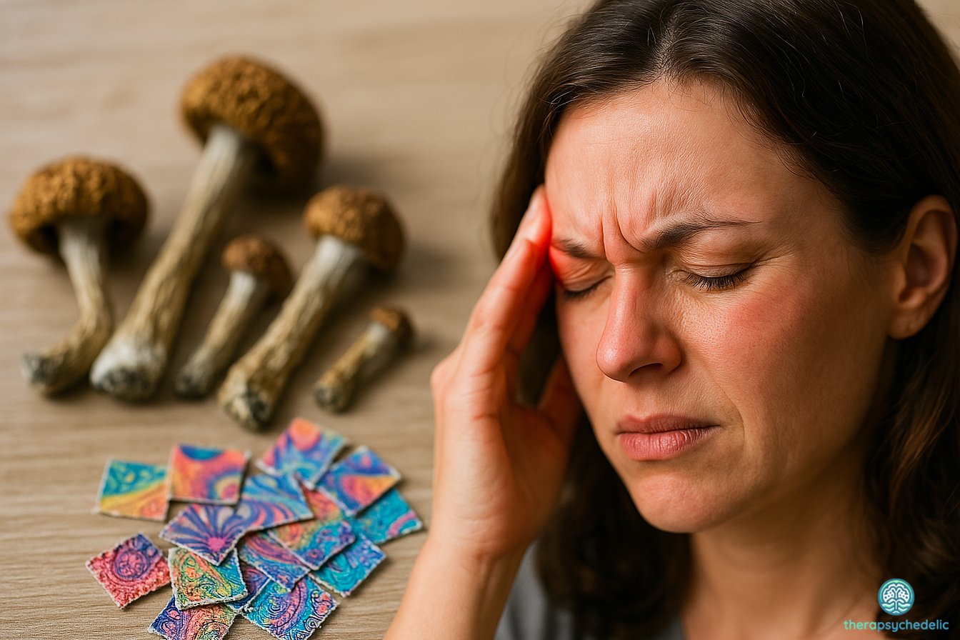 Femme assise, le visage crispé par une migraine, appuyant sa main contre sa tempe. En arrière-plan flou, des champignons psychédéliques sont posés sur une table en bois, illustrant le lien entre douleur chronique et traitements alternatifs.