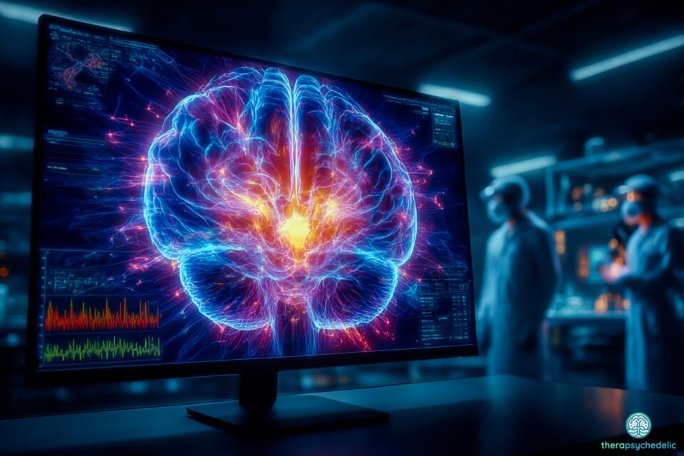 Visualisation 3D d'un cerveau humain lumineux avec des connexions neurales colorées sur un écran d'ordinateur dans un laboratoire de neurosciences, illustrant la recherche sur les effets cognitifs des psychédéliques
