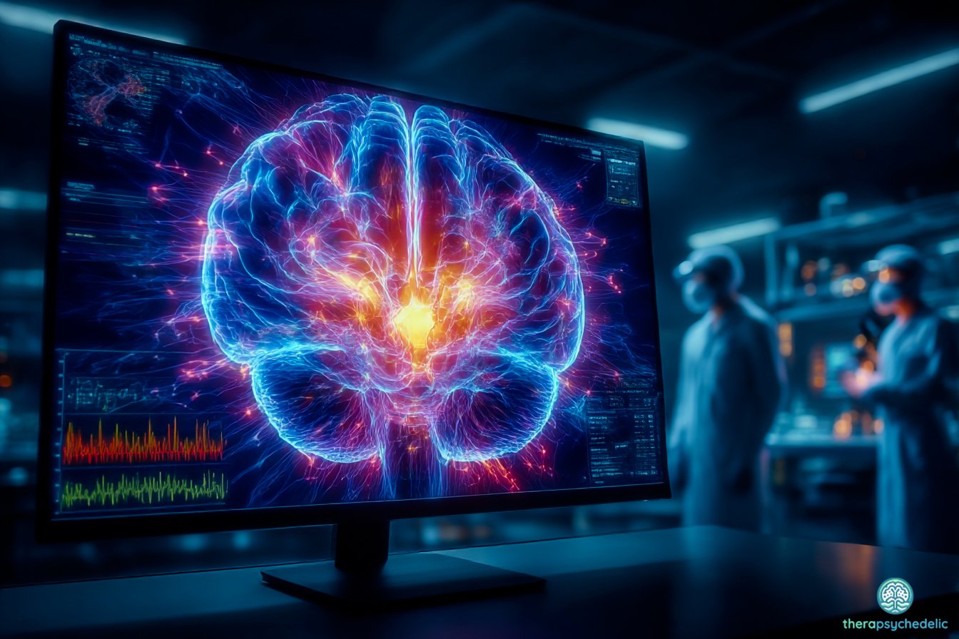 Visualisation 3D d'un cerveau humain lumineux avec des connexions neurales colorées sur un écran d'ordinateur dans un laboratoire de neurosciences, illustrant la recherche sur les effets cognitifs des psychédéliques