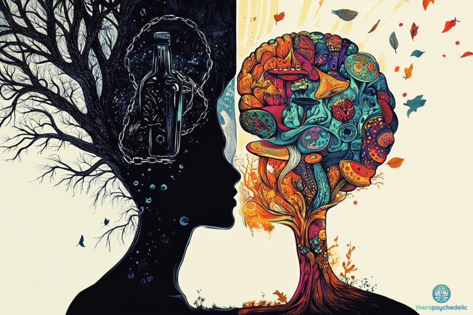 Illustration symbolique du craving et des psychédéliques : à gauche, une silhouette sombre avec une bouteille enchaînée représentant l'addiction ; à droite, un cerveau coloré rempli de motifs organiques et lumineux évoquant les effets des psychédéliques. Transition entre ombre et lumière.