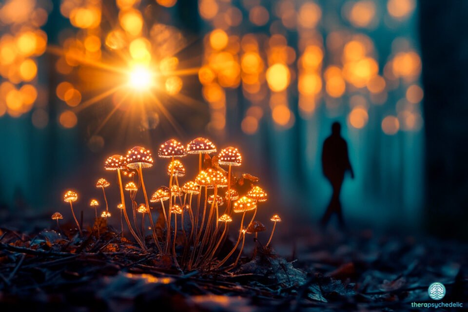 Gros plan sur un champignon psilocybine dans la mousse, symbolisant le lien entre psychédéliques et conscience écologique.