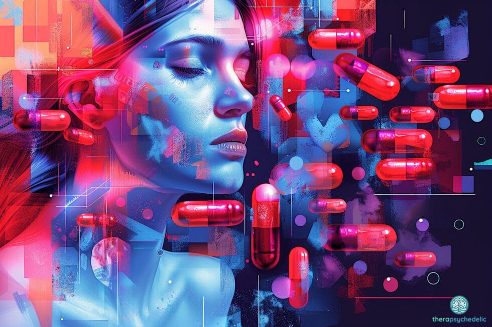 Illustration artistique d'une femme aux yeux fermés entourée de capsules rouges, symbolisant les interactions entre psychédéliques et médicaments. Ambiance psychédélique avec des effets lumineux et des éléments abstraits.