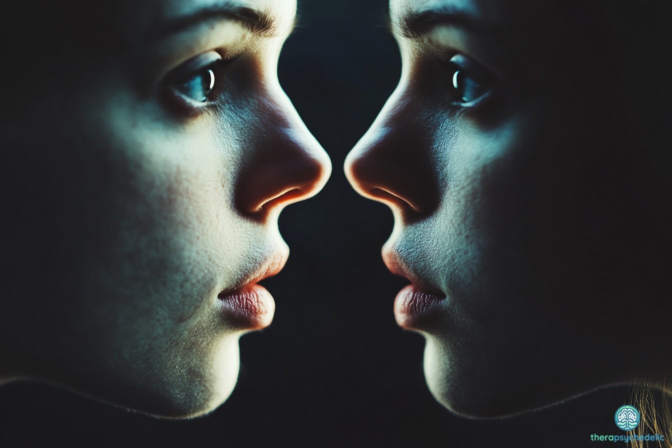 Deux visages identiques se font face dans une lumière tamisée, symbolisant la confrontation à soi-même et la dualité du narcissisme.