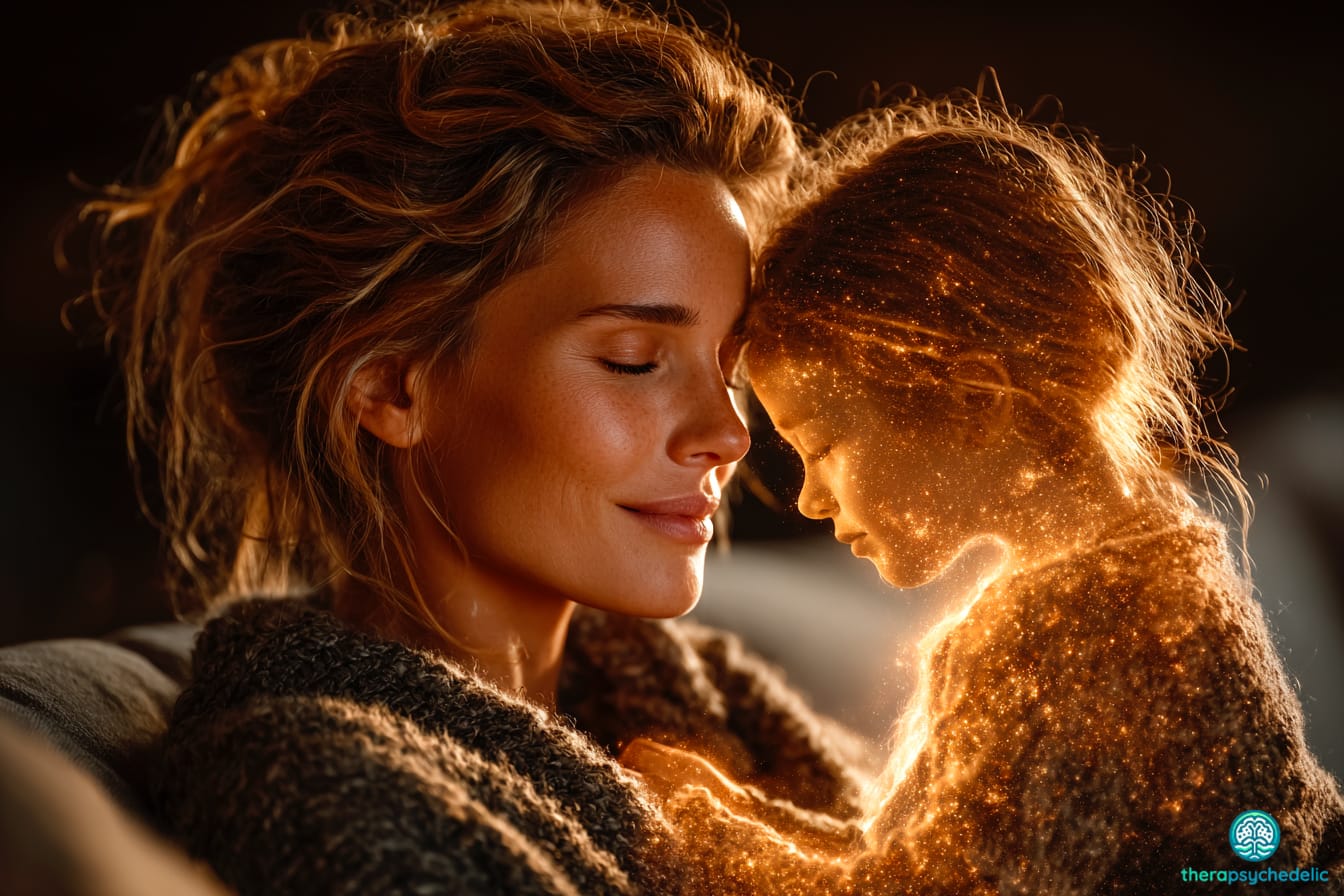 Une femme enlace son enfant intérieur représenté par une silhouette de lumière dorée pour illustrer le processus de réconciliation avec son passé.