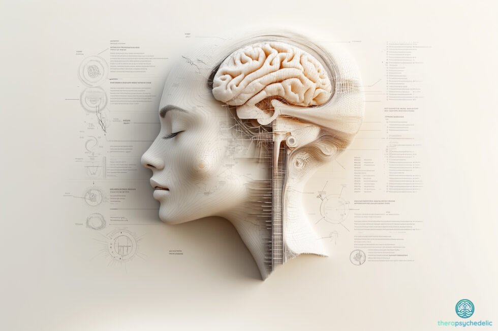 Illustration scientifique représentant un profil humain stylisé avec le cerveau visible, entouré de schémas techniques et de données de recherche. Cette visualisation évoque l'approche analytique des neurosciences appliquées aux thérapies psychédéliques dans la prévention du suicide, combinant innovation médicale et rigueur scientifique pour transformer l'accompagnement en santé mentale.