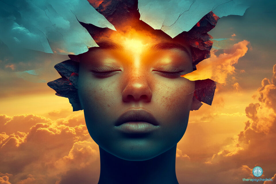 Tête de jeune adulte aux yeux clos, le crâne fragmenté et lumineux, entourée de nuages orangés, symbolisant l'intense plasticité cérébrale et le potentiel des états de conscience élargis.