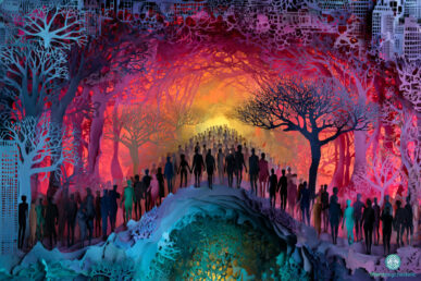 Illustration symbolique d'une personne passant d'un paysage sombre et orageux avec des chaînes brisées à un monde lumineux et joyeux, représentant la guérison des traumatismes et le changement de vie positif après une expérience psychédélique.